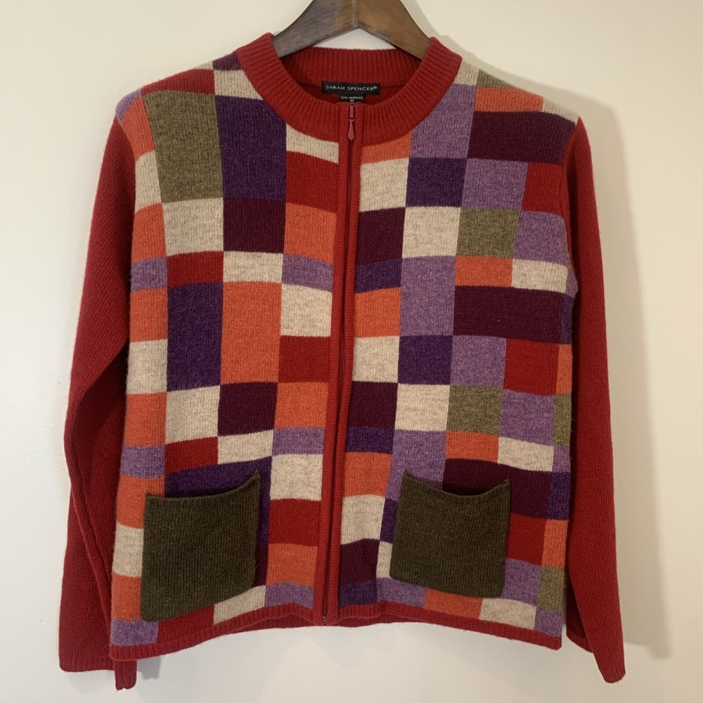 Sarah Spencer Womens Cardigan Sweater Medium Red Patchwork Zip Up Cottagecore‎